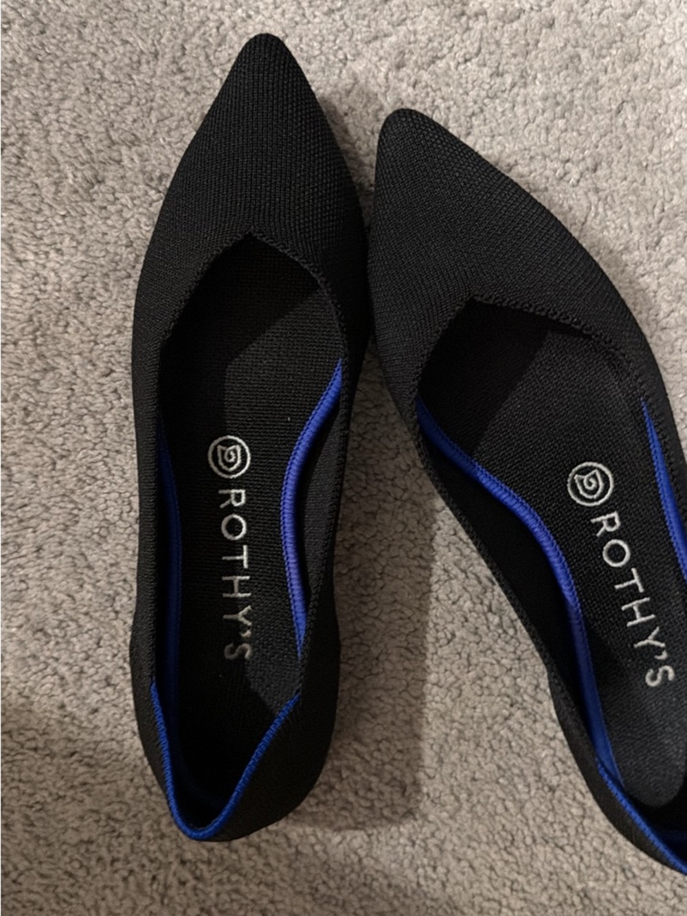 Rothy's Black Pointed Knit Flats with Blue Trim